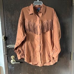 Vintage Moda by BB Dakota brown silk fringe Western shirt blouse.  NWT